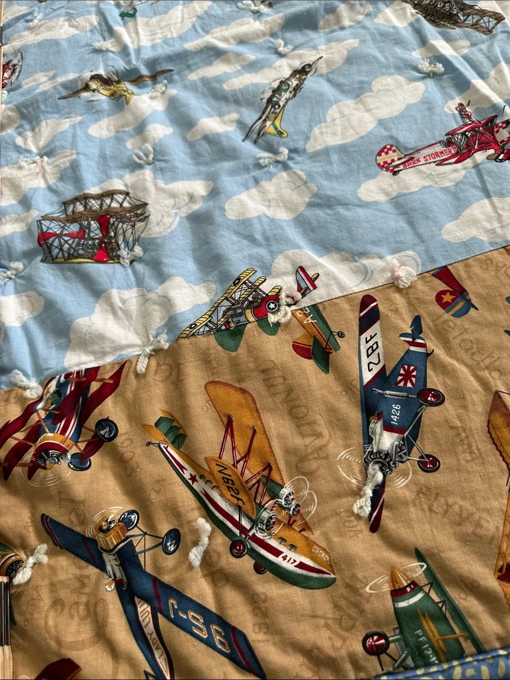Vintage Airplane Print Baby Quilt Blue and Tan GUC
